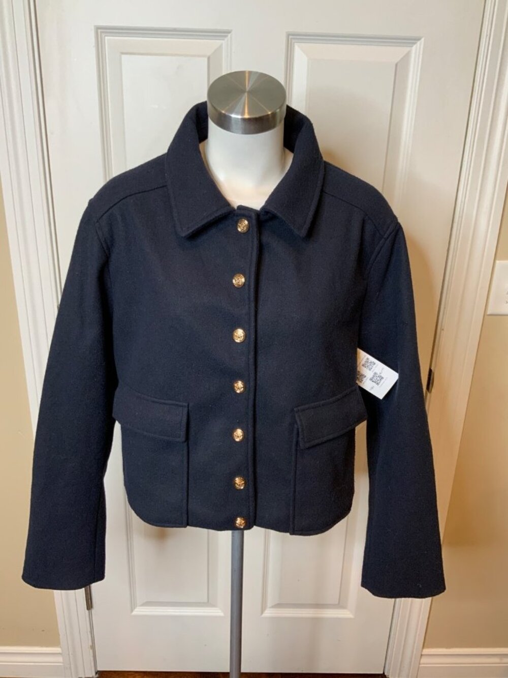 Zara Navy Blue Gold Button Cropped Jacket, Size 2XL